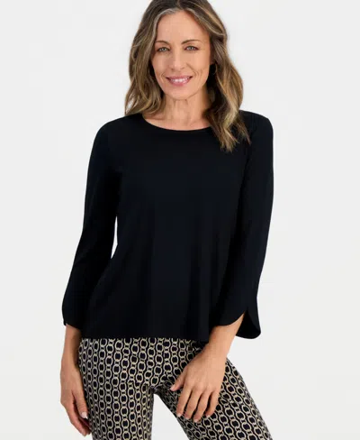 Jm Collection Petite 3/4-length Tulip Sleeve Scoop Neck Top, Macy's Exclusive In Deep Black