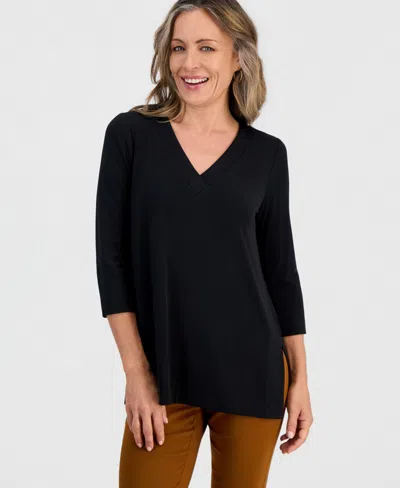 Jm Collection Petite 3/4-sleeve V-neck Tunic, Macy's Exclusive In Black