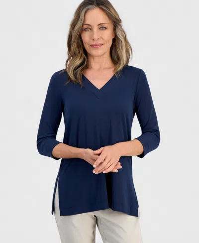 Jm Collection Petite 3/4-sleeve V-neck Tunic, Macy's Exclusive In Intrepid Blue