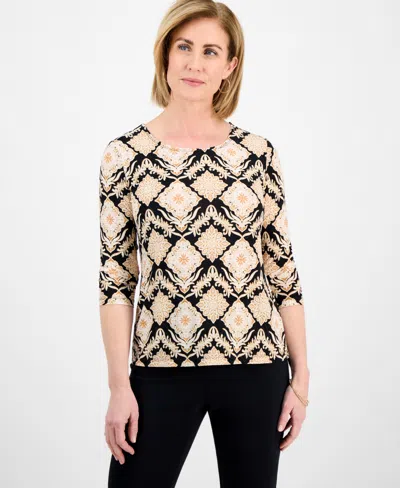 Jm Collection Petite 3/4-sleeve Jacquard Top, Exclusively At Macy's In Black Combo