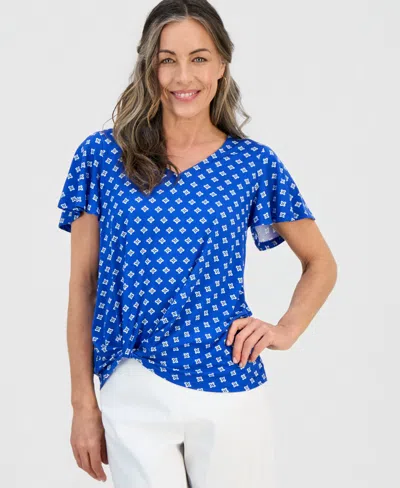 Jm Collection Petite Allegria V-neck Twist-front Top, Macy's Exclusive In Blue