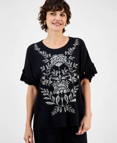 Jm Collection Petite Antique-like Blooms Floral Pull-on Poncho Sweater In Black