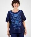 Jm Collection Petite Antique-like Blooms Floral Pull-on Poncho Sweater In Blue