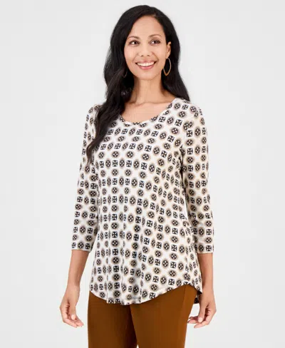 Jm Collection Petite Aria Tile Geometric-print 3/4-sleeve Scoop Neck T-shirt, Macy's Exclusive In Multi