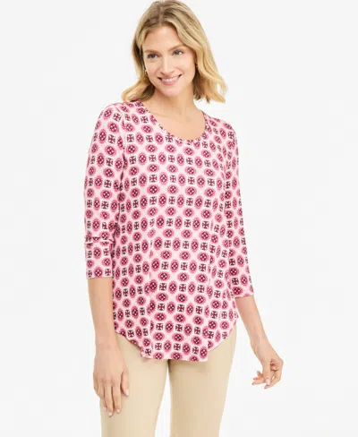Jm Collection Petite Aria Tile Geometric-print 3/4-sleeve Scoop Neck T-shirt, Macy's Exclusive In Multi