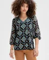 Jm Collection Plus Size Embellished V-neck 3/4-sleeve Top, Exclusively At Macy's In Deep Black