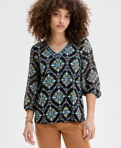 Jm Collection Petite Artisan Medallion-print Embellished Top, Exclusively At Macy's In Deep Black