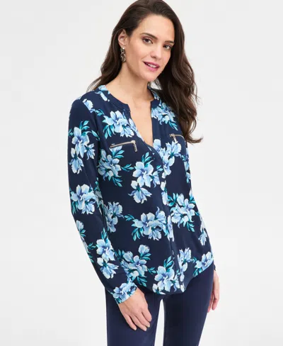 Jm Collection Petite Audra Floral Long-sleeve Zipper Top, Macy's Exclusive In Blue