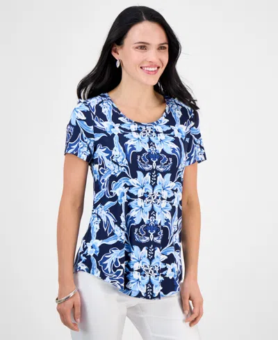 Jm Collection Petite Bali Escape Short-sleeve Top, Exclusively At Macy's