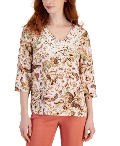 Jm Collection Petite Blooming Bounty Shell-embellished Top, Created For Macy's In Lilac Sky Combo