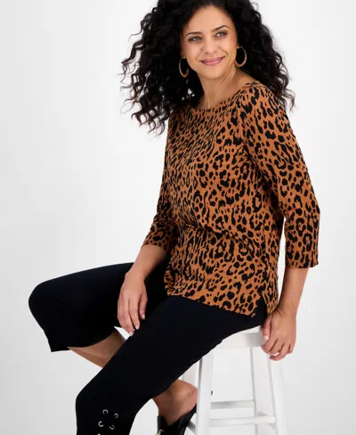 Jm Collection Petite Boat Neck 3/4-sleeve Top, Macy's Exclusive In Animal Print