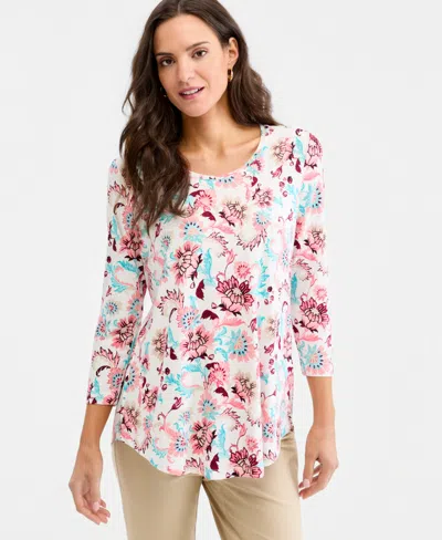 Jm Collection Petite Bold Floral Scroll 3/4-sleeve T-shirt, Macy's Exclusive In Gold