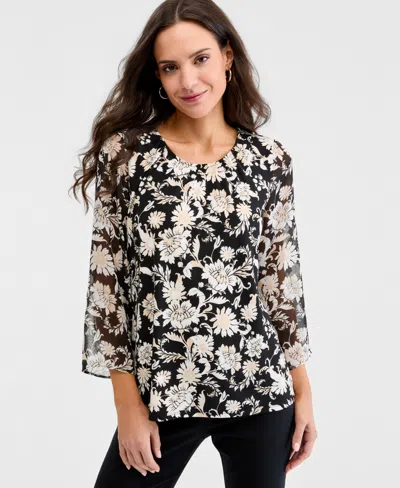 Jm Collection Petite Bold Floral Scroll Floral-print 3/4-sleeve Chiffon Top, Macy's Exclusive In Multi