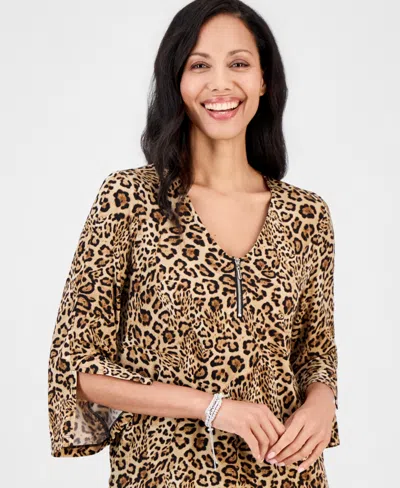 Jm Collection Petite Bold Leo 3/4-sleeve Leopard-print Zip-front Top, Macy's Exclusive In Cinnamon Spice