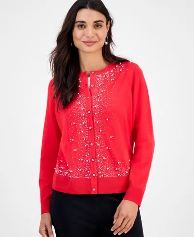 Jm Collection Petite Border Embellished Party Cardigan, Macy's Exclusive In Red