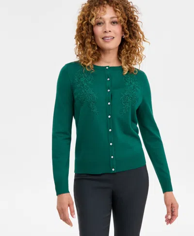 Jm Collection Petite Button-front Applique Cardigan, Created For Macy's In Green