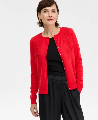 Jm Collection Petite Button-front Applique Cardigan, Created For Macy's In Red