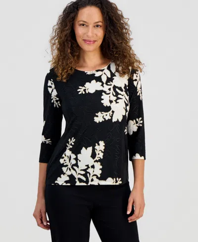 Jm Collection Petite Cameron Floral 3/4-sleeve Jacquard Top, Macy's Exclusive In Black