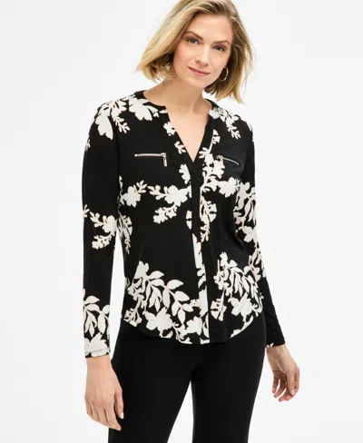 Jm Collection Petite Cameron Floral Split-neck Zip-pocket Top, Macy's Exclusive In Black