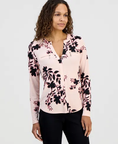 Jm Collection Petite Cameron Floral Split-neck Zip-pocket Top, Macy's Exclusive In Pink