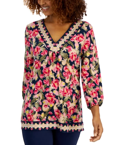 Jm Collection Petite Floral V Neck 3/4-sleeve Top, Created For Macy's In Intrepid Blue Combo