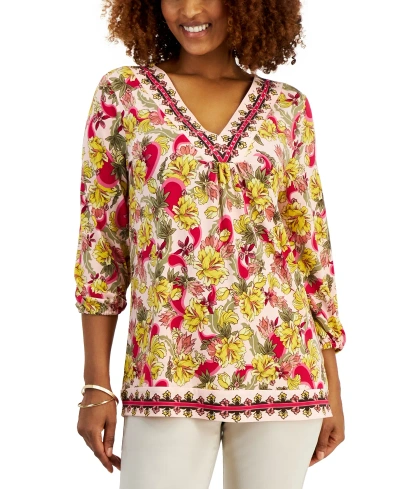 Jm Collection Petite Floral V Neck 3/4-sleeve Top, Created For Macy's In Rose Tint Combo