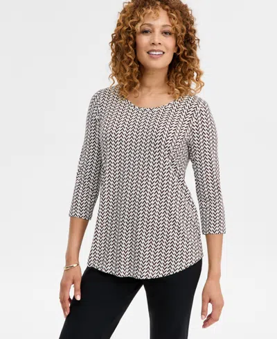 Jm Collection Petite Chevron 3/4-sleeve Scoop Neck Top, Macy's Exclusive In Neutral