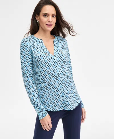 Jm Collection Petite Chloe Tile Long-sleeve Zipper V-neck Top, Macy's Exclusive In Blue