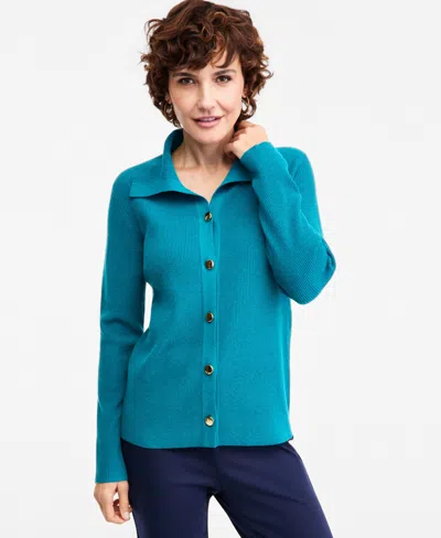 Jm Collection Petite Collared Long-sleeve Button Cardigan, Macy's Exclusive In Blue