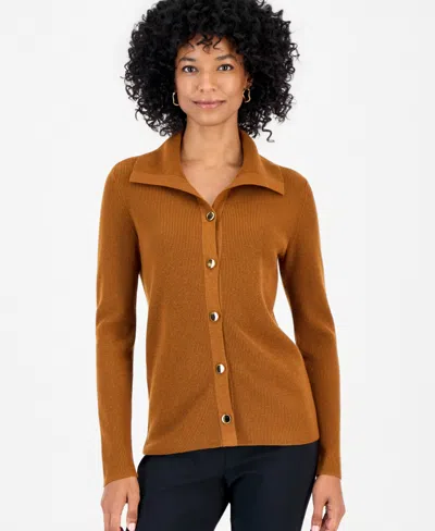 Jm Collection Petite Collared Long-sleeve Button Cardigan, Macy's Exclusive In Brown
