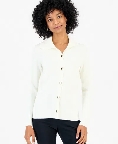 Jm Collection Petite Collared Long-sleeve Button Cardigan, Macy's Exclusive In White