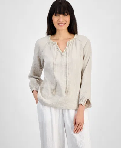 Jm Collection Petite Cotton Embellished-split-neck Top, Exclusively At Macy's In Neutral