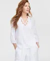 Jm Collection Petite Cotton Gauze Embellished-neck Top, Exclusively At Macy's In Bright White