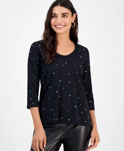 Jm Collection Petite Cotton Scoop-neck Rhinestone 3/4-sleeve Top, Macy's Exclusive In Black