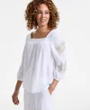 Jm Collection Petite Cotton Square-neck Floral-applique Top, Exclusively At Macy's In Bright Whtie