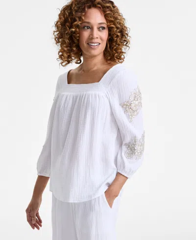 Jm Collection Petite Cotton Square-neck Floral-applique Top, Exclusively At Macy's In Bright Whtie