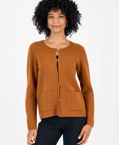 Jm Collection Petite Crewneck Long-sleeve Button-front Cardigan, Macy's Exclusive In Cinnamon Spice
