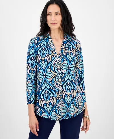 Jm Collection Petite Daniella Damask Printed 3/4-sleeve Top, Macy's Exclusive In Blue