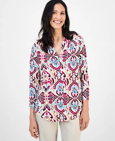 Jm Collection Petite Daniella Damask Printed 3/4-sleeve Top, Macy's Exclusive In Multi