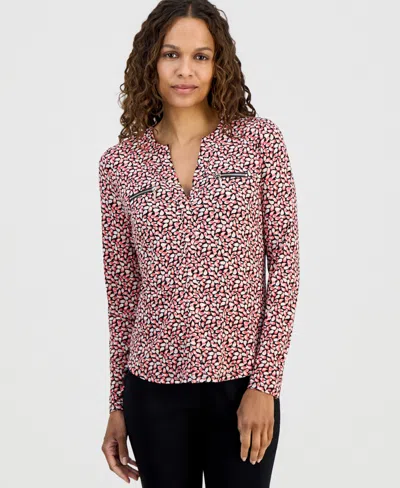 Jm Collection Petite Delicate Paisley Split-neck Zip-pocket Top, Macy's Exclusive In Multi