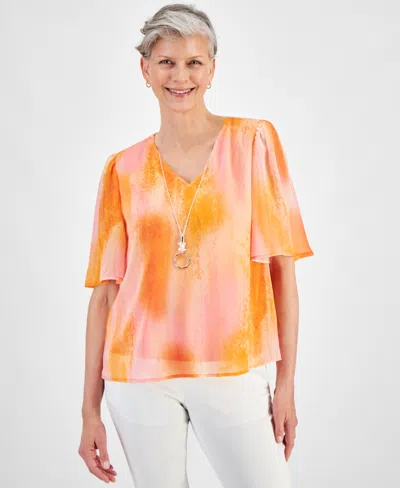 Jm Collection Petite Dye Dreams Flutter-sleeve Necklace Top, Created For Macy's In Cheerful Tangerine Combo