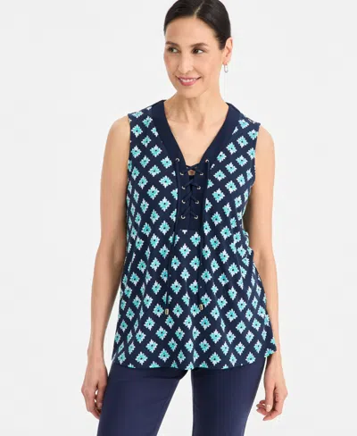 Jm Collection Petite Ella Tile Lace-up Tank Top, Macy's Exclusive In Blue
