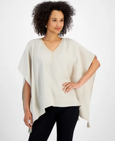 Jm Collection Petite Embellished-neck Tassel-trim Poncho Top, Created For Macy's In Stone Wall