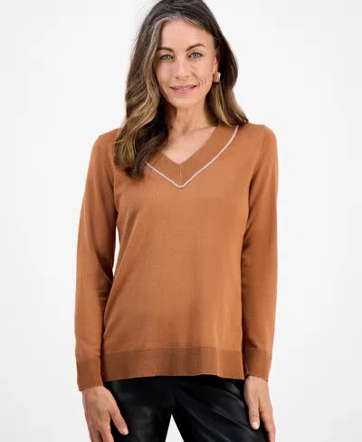 Jm Collection Petite Embellished Tunic Sweater, Macy's Exclusive In Brown