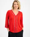 Jm Collection Petite Embellished V-neck Knit Top In Red