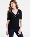 Jm Collection Petite Embellished V-neck Sweater, Exclusivley At Macy's In Black