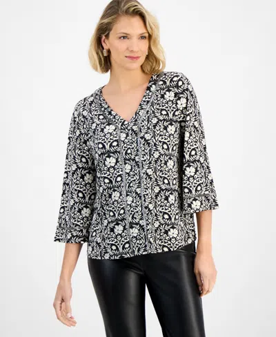 Jm Collection Petite Embellished V-neck Top In Black