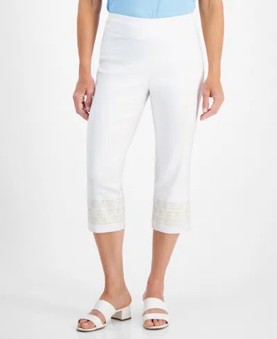 Jm Collection Petite Embroidered-trim Capri Pants, Created For Macy's In Bright White Combo