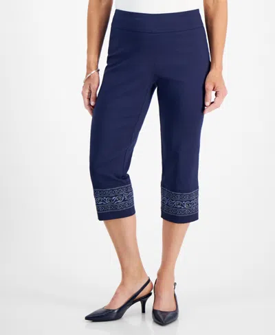 Jm Collection Petite Embroidered-trim Capri Pants, Created For Macy's In Intrepid Blue Combo