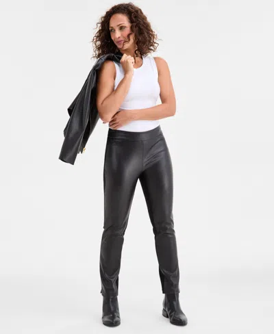 Jm Collection Petite Faux-leather Ponte-knit Pants, Macy's Exclusive In Black